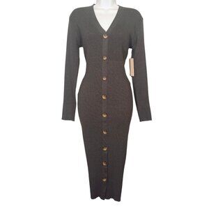 JUST FAB Bodycon Dress Midi Gray Ribbed Button Front Long Sleeve V Neck M NWT